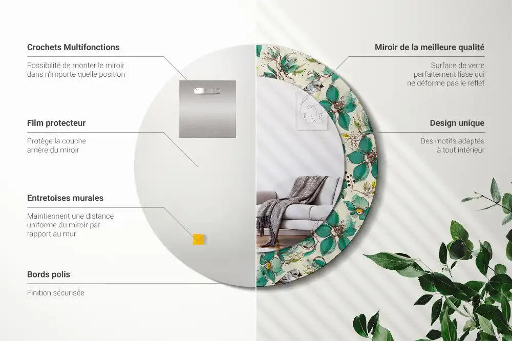 Okrúhle zrkadlo s potlačeným rámom Kvety a vtáky