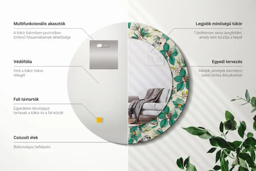 Okrúhle zrkadlo s potlačeným rámom Kvety a vtáky