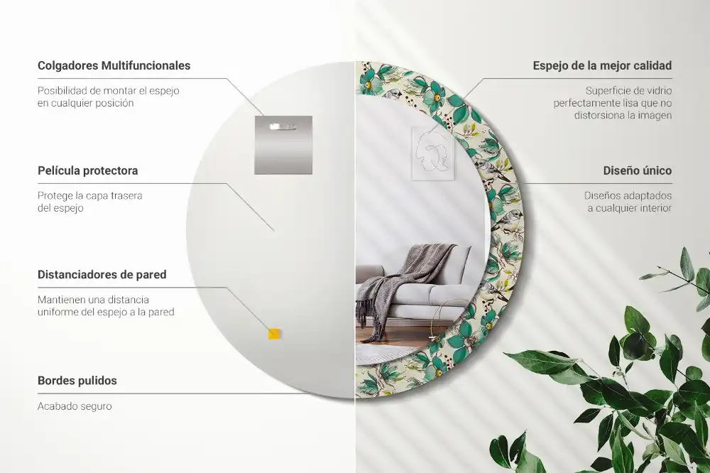 Okrúhle zrkadlo s potlačeným rámom Kvety a vtáky