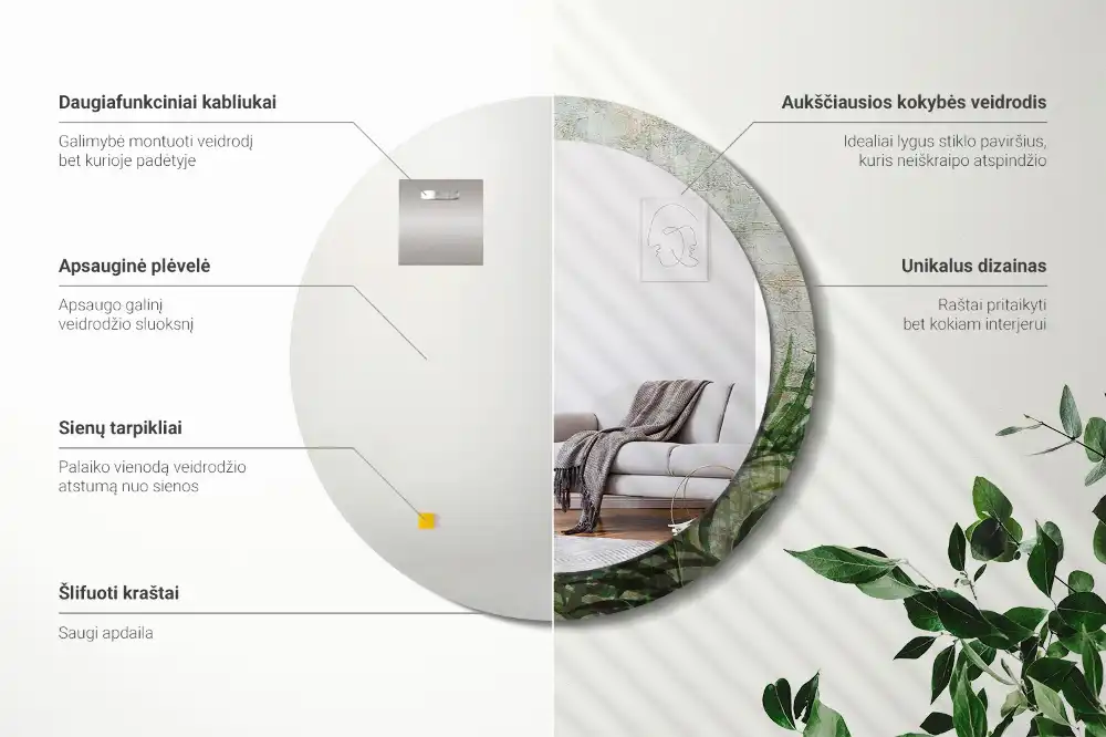 Okrúhle zrkadlo s potlačeným rámom Listy papradia