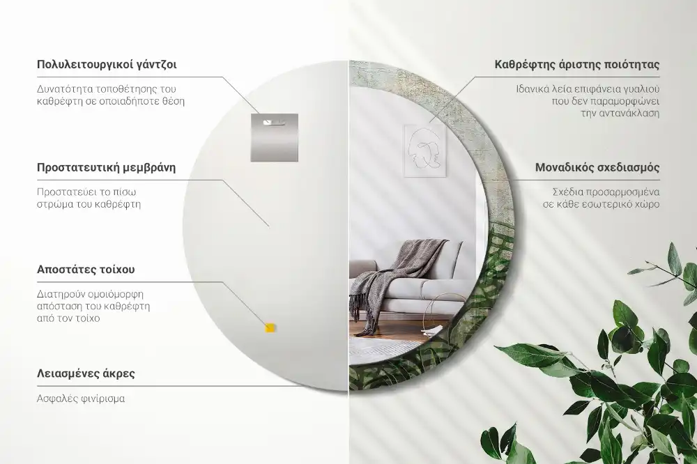 Okrúhle zrkadlo s potlačeným rámom Listy papradia