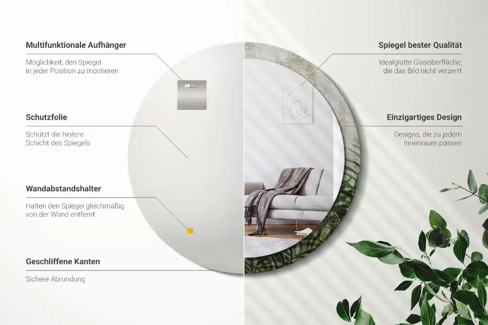 Okrúhle zrkadlo s potlačeným rámom Listy papradia