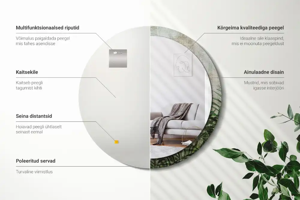 Okrúhle zrkadlo s potlačeným rámom Listy papradia