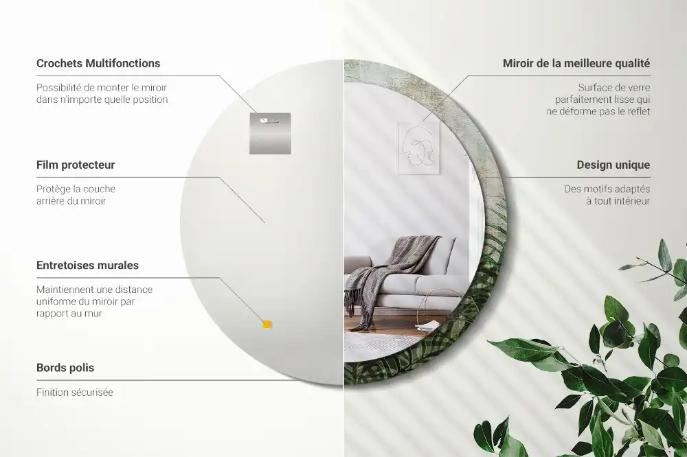 Okrúhle zrkadlo s potlačeným rámom Listy papradia