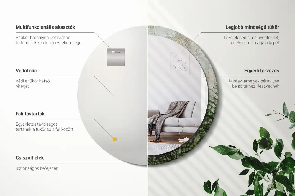 Okrúhle zrkadlo s potlačeným rámom Listy papradia