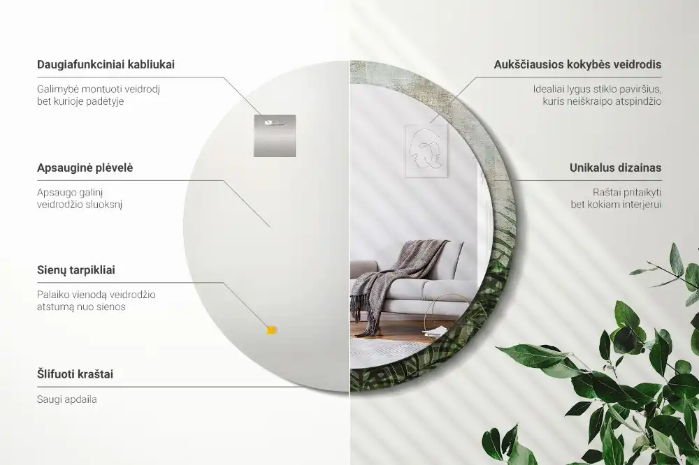 Okrúhle zrkadlo s potlačeným rámom Listy papradia