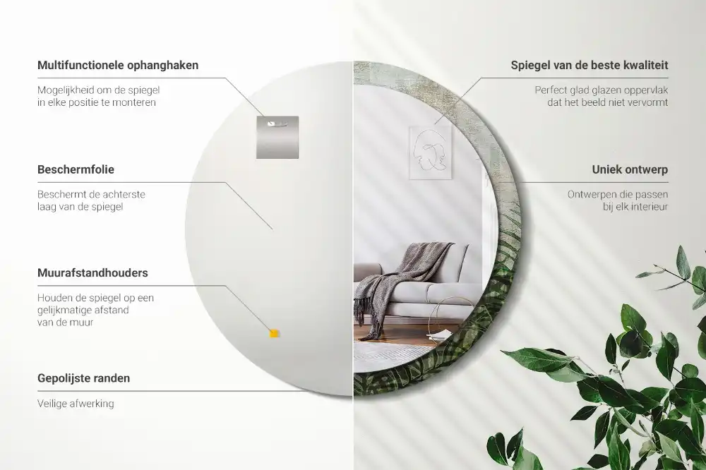 Okrúhle zrkadlo s potlačeným rámom Listy papradia