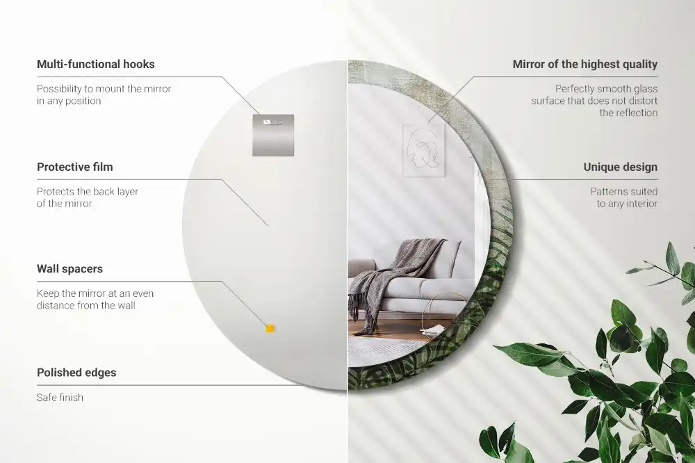 Okrúhle zrkadlo s potlačeným rámom Listy papradia