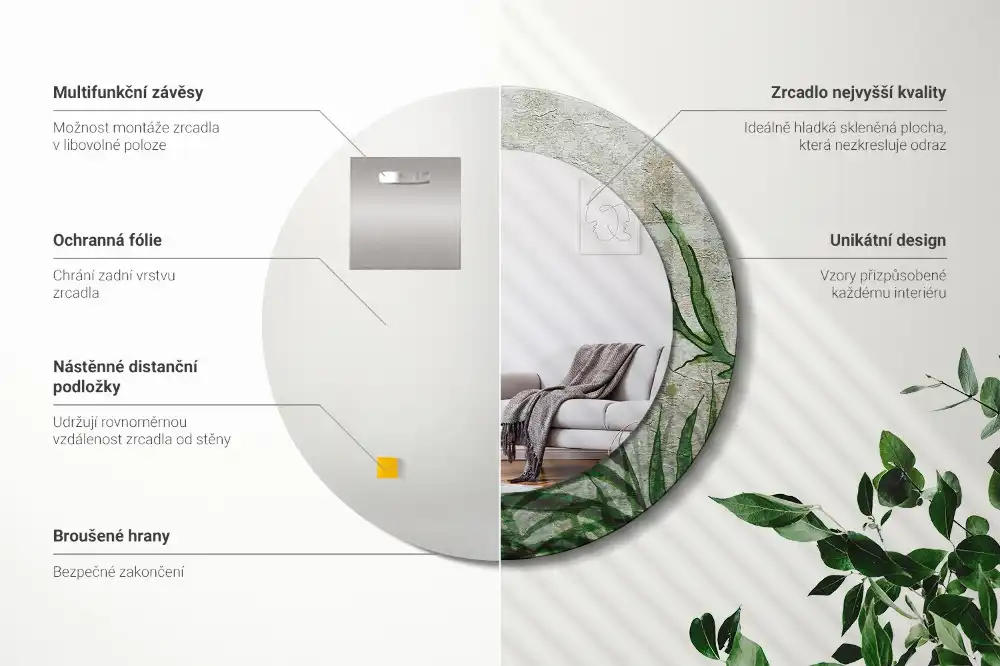 Okrúhle zrkadlo s potlačeným rámom Listy papradia