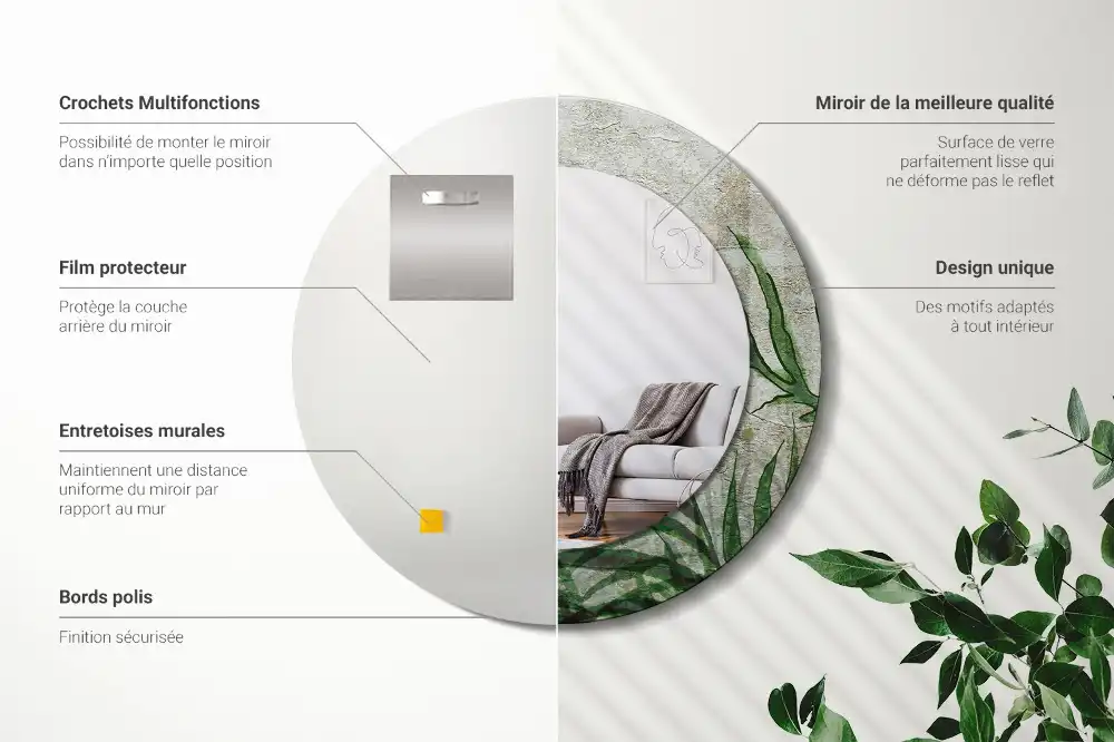 Okrúhle zrkadlo s potlačeným rámom Listy papradia