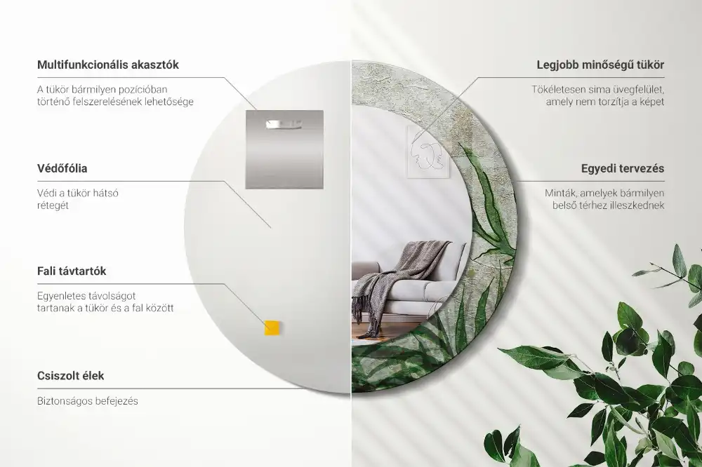 Okrúhle zrkadlo s potlačeným rámom Listy papradia