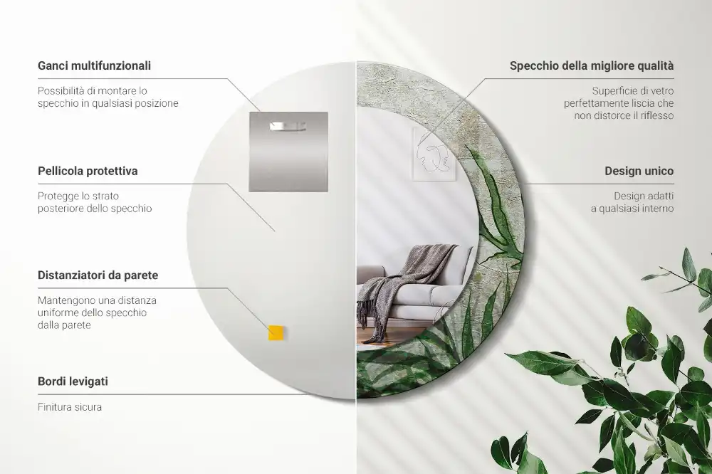 Okrúhle zrkadlo s potlačeným rámom Listy papradia