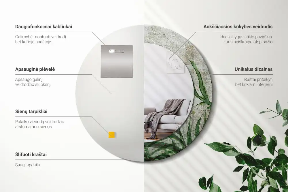 Okrúhle zrkadlo s potlačeným rámom Listy papradia