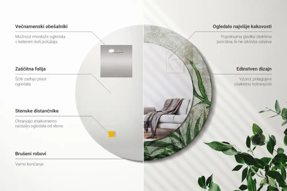 Okrúhle zrkadlo s potlačeným rámom Listy papradia