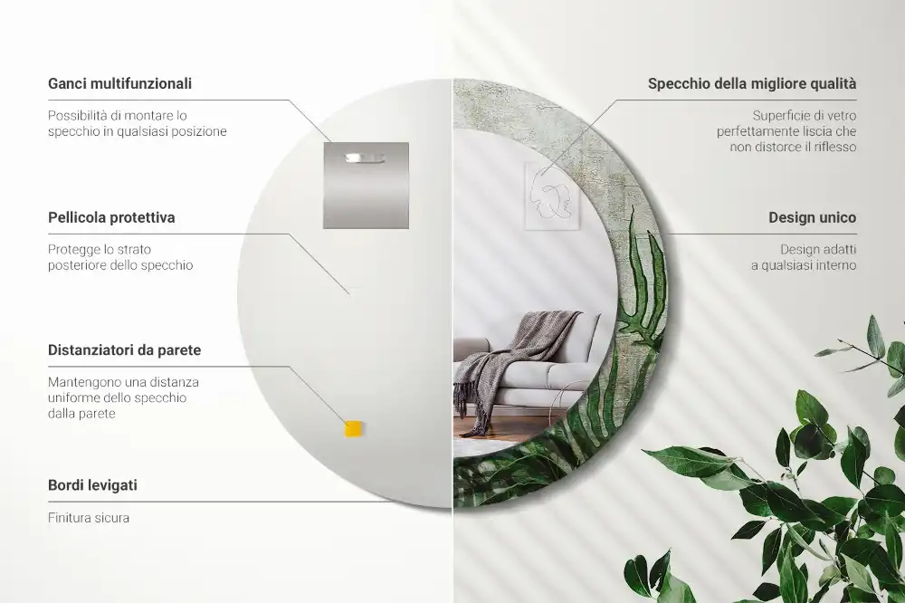 Okrúhle zrkadlo s potlačeným rámom Listy papradia