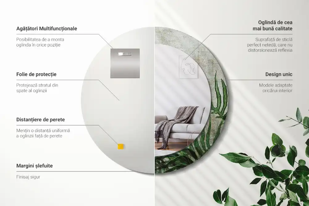 Okrúhle zrkadlo s potlačeným rámom Listy papradia