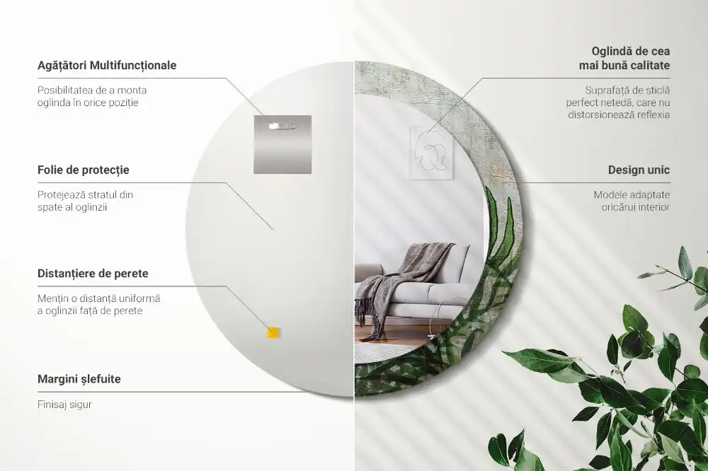 Okrúhle zrkadlo s potlačeným rámom Listy papradia