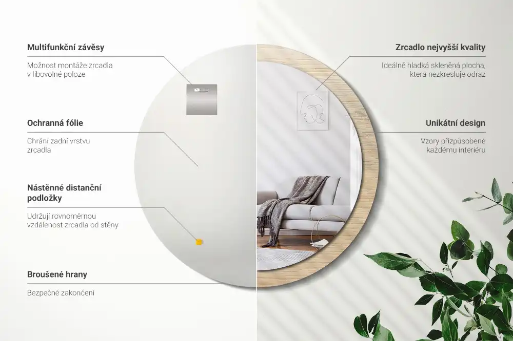 Okrúhle zrkadlo s potlačeným rámom Svetlé drevo