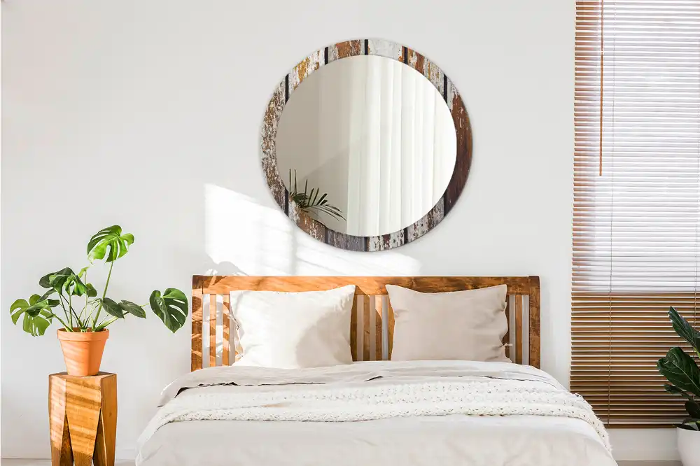 Okrúhle zrkadlo rám s potlačou Tmavé vintage drevo