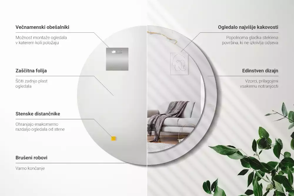 Okrúhle zrkadlo s potlačeným rámom Biely mramor