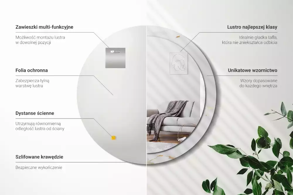 Okrúhle zrkadlo s potlačeným rámom Biely mramor