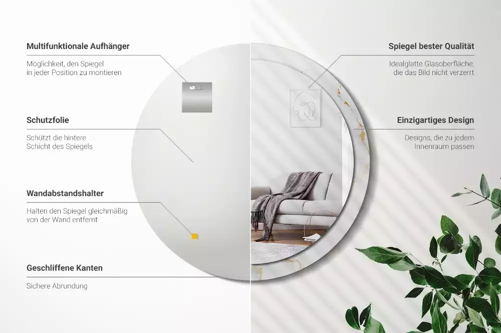 Okrúhle zrkadlo s potlačeným rámom Biely mramor