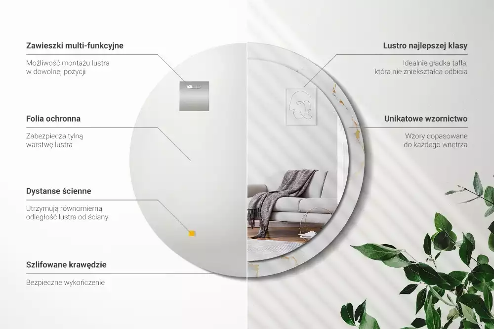 Okrúhle zrkadlo s potlačeným rámom Biely mramor