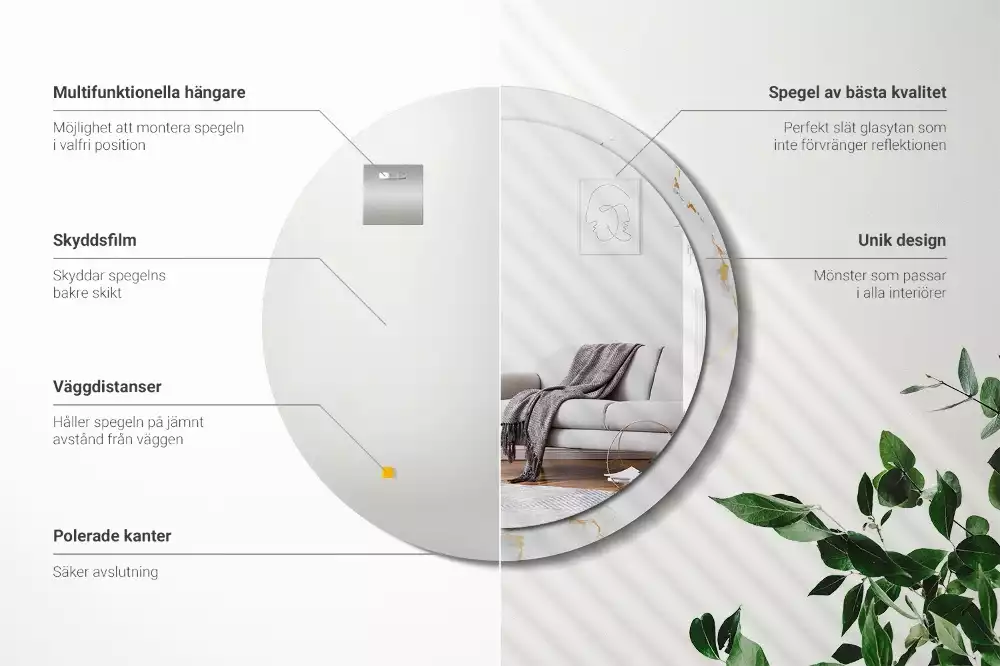 Okrúhle zrkadlo s potlačeným rámom Biely mramor