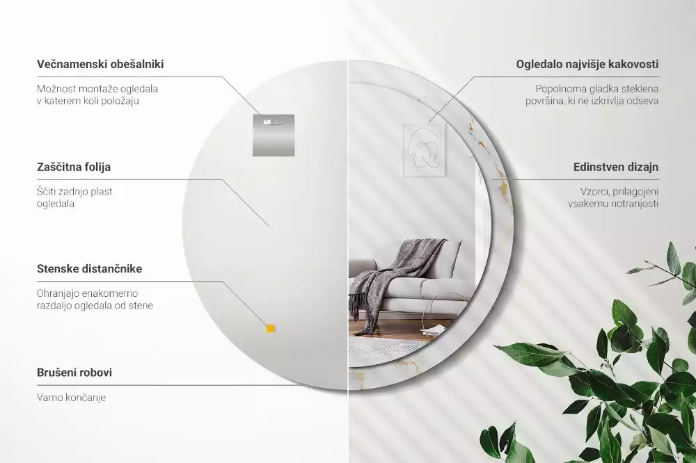 Okrúhle zrkadlo s potlačeným rámom Biely mramor