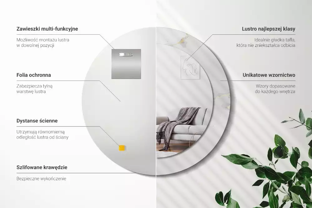 Okrúhle zrkadlo s potlačeným rámom Biely mramor