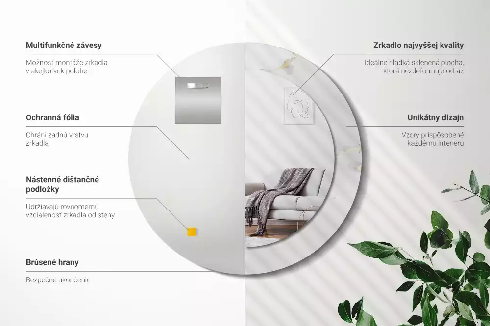 Okrúhle zrkadlo s potlačeným rámom Biely mramor