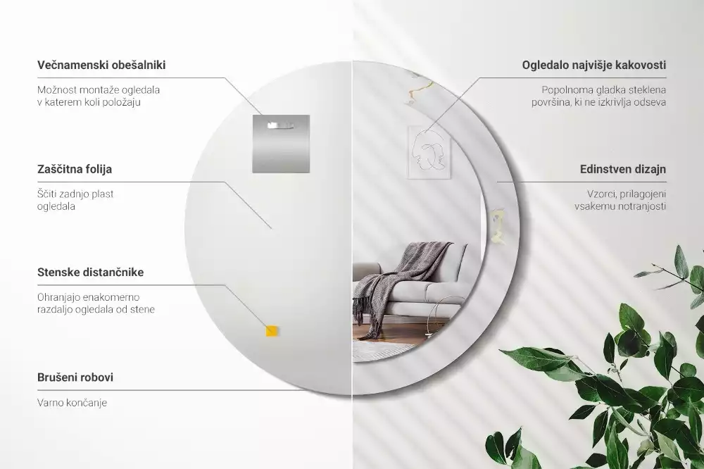 Okrúhle zrkadlo s potlačeným rámom Biely mramor