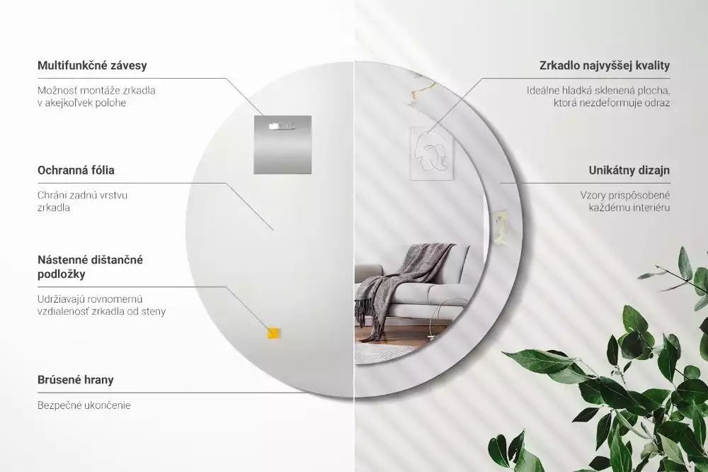 Okrúhle zrkadlo s potlačeným rámom Biely mramor