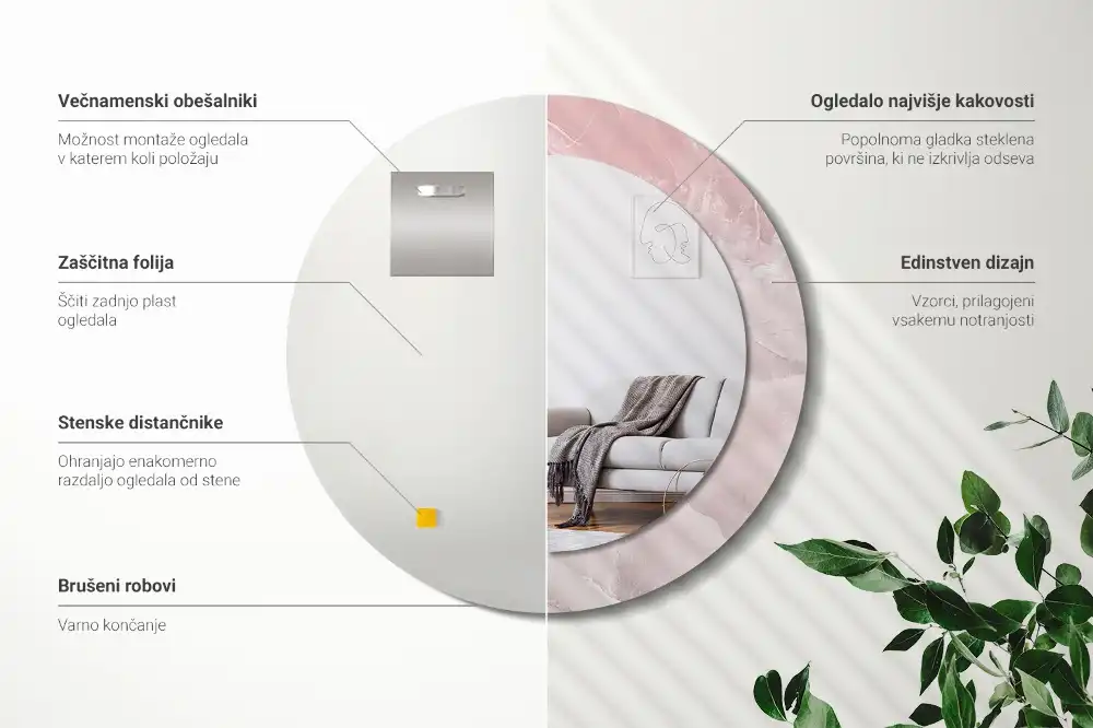 Okrúhle zrkadlo rám s potlačou Ružový kameň