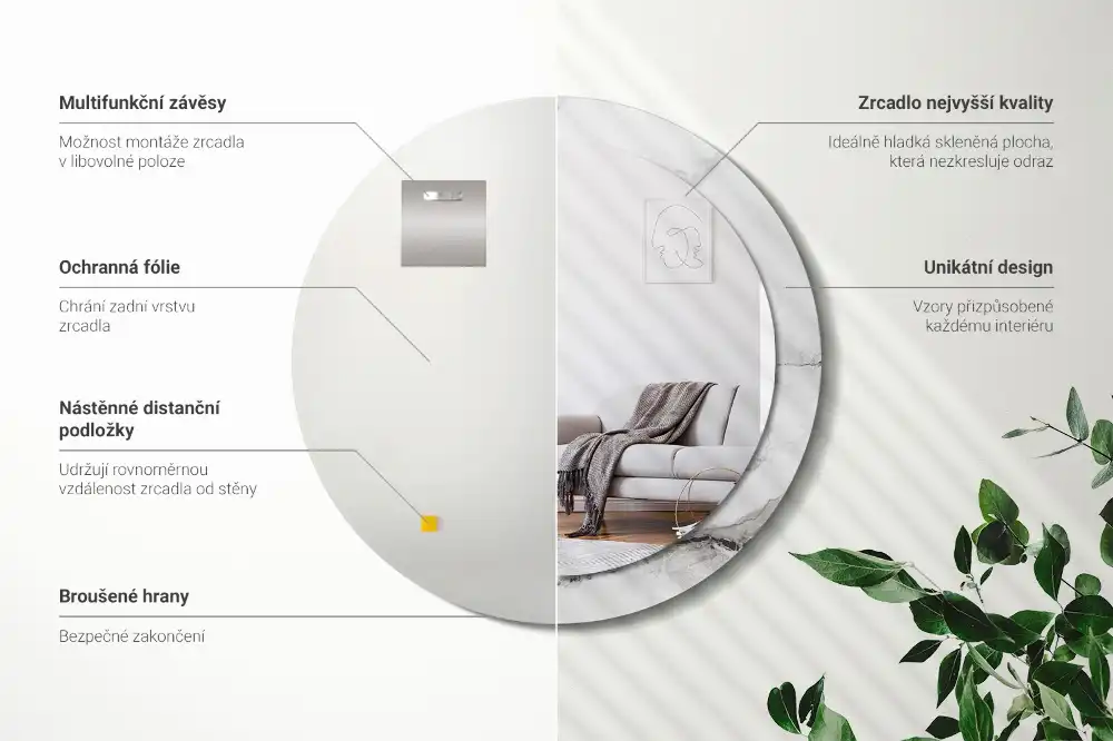 Okrúhle zrkadlo rám s potlačou Biely mramor