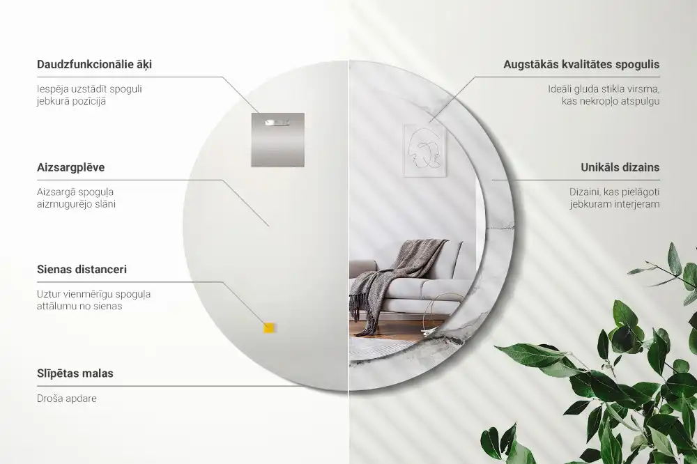 Okrúhle zrkadlo rám s potlačou Biely mramor