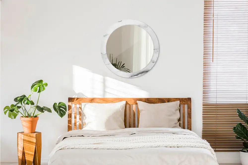 Okrúhle zrkadlo rám s potlačou Biely mramor