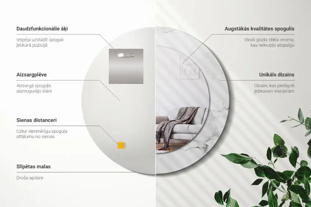 Okrúhle zrkadlo rám s potlačou Biely mramor