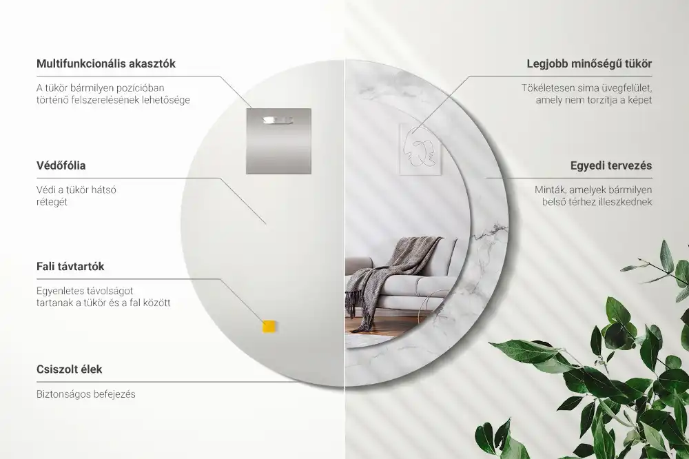 Okrúhle zrkadlo rám s potlačou Biely mramor