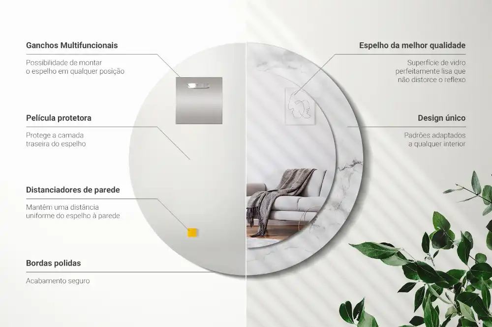 Okrúhle zrkadlo rám s potlačou Biely mramor