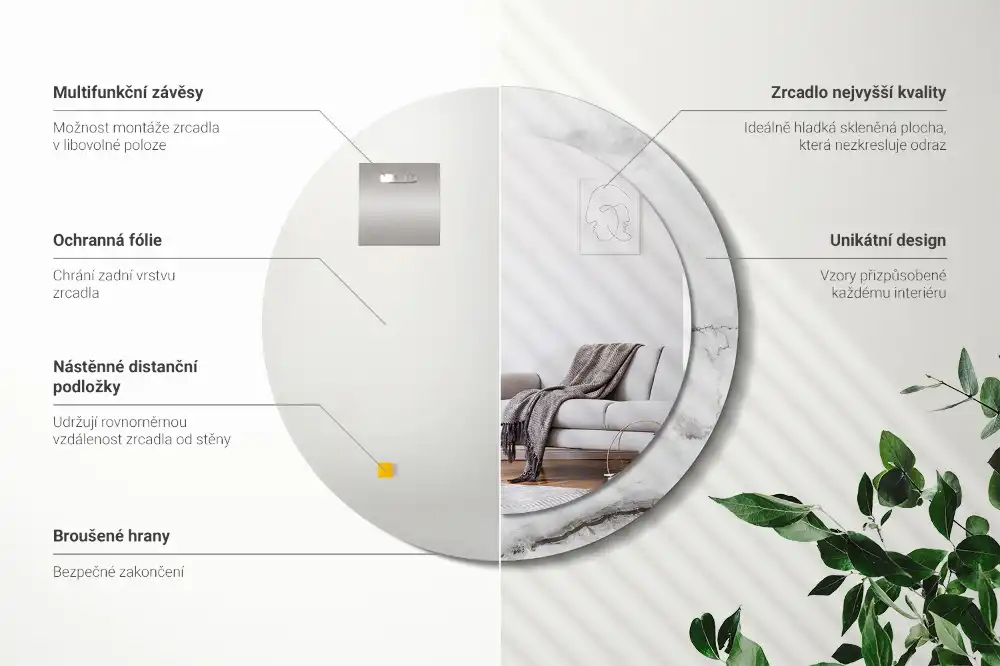 Okrúhle zrkadlo rám s potlačou Biely mramor