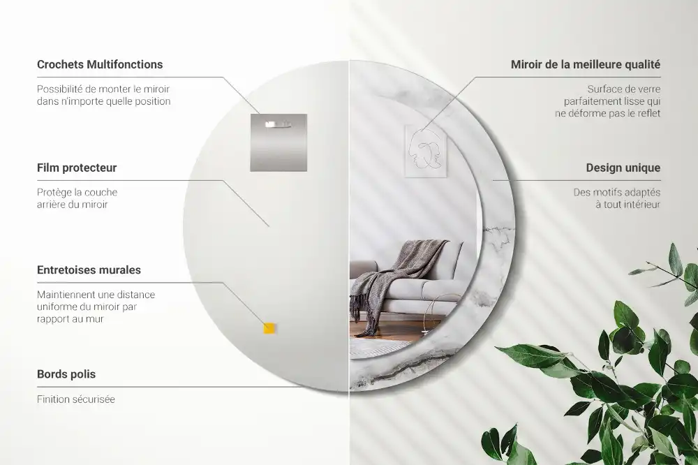 Okrúhle zrkadlo rám s potlačou Biely mramor