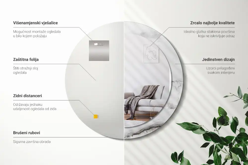 Okrúhle zrkadlo rám s potlačou Biely mramor