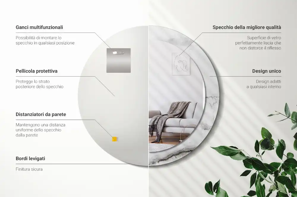 Okrúhle zrkadlo rám s potlačou Biely mramor