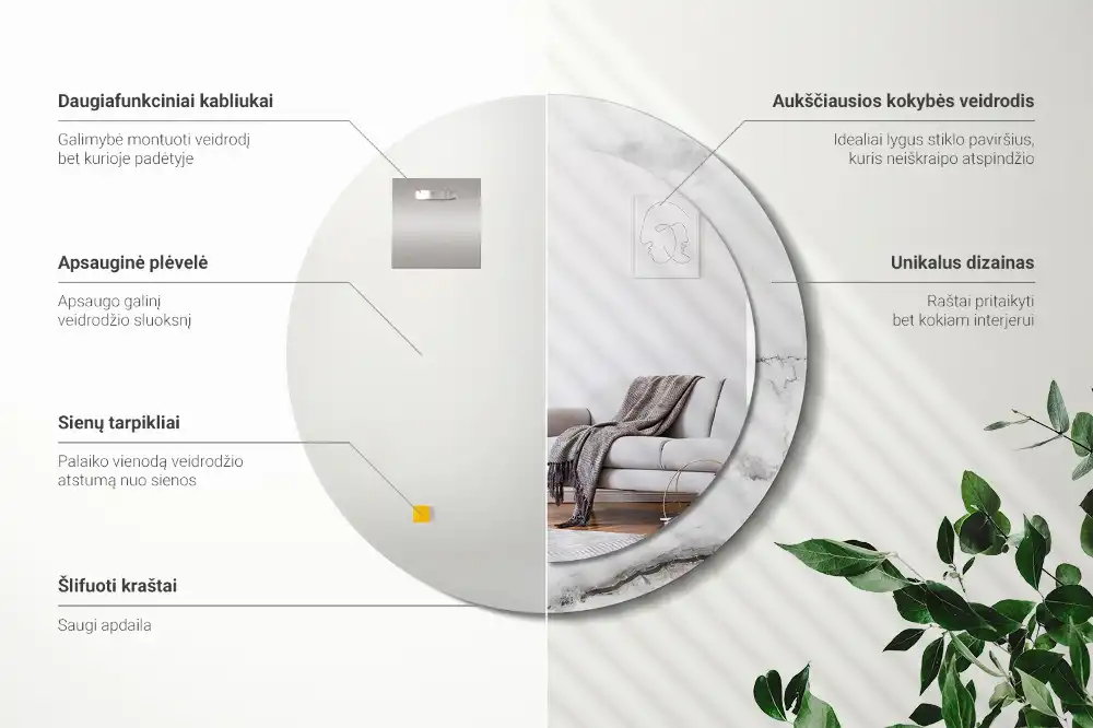 Okrúhle zrkadlo rám s potlačou Biely mramor