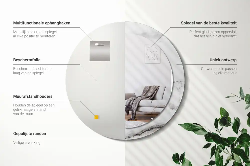 Okrúhle zrkadlo rám s potlačou Biely mramor