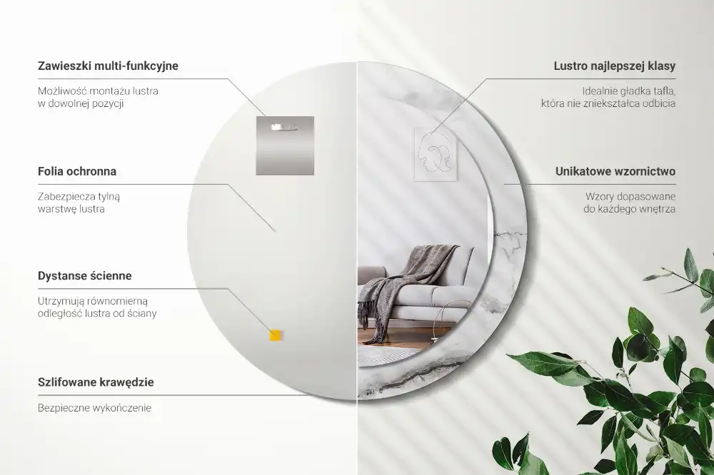 Okrúhle zrkadlo rám s potlačou Biely mramor