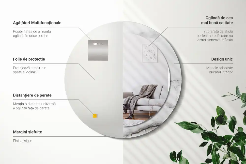 Okrúhle zrkadlo rám s potlačou Biely mramor