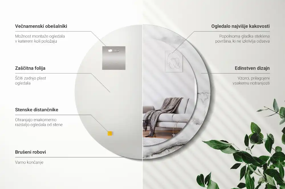 Okrúhle zrkadlo rám s potlačou Biely mramor