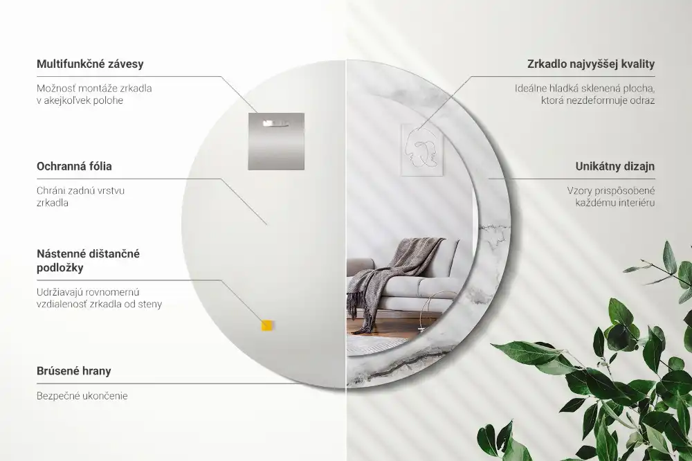 Okrúhle zrkadlo rám s potlačou Biely mramor